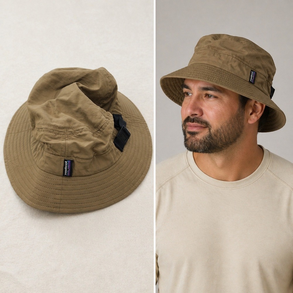 Patagonia Baggies Brimmer Sun Hat Tan Brown Nylon Wide Brim Chin Strap Large
